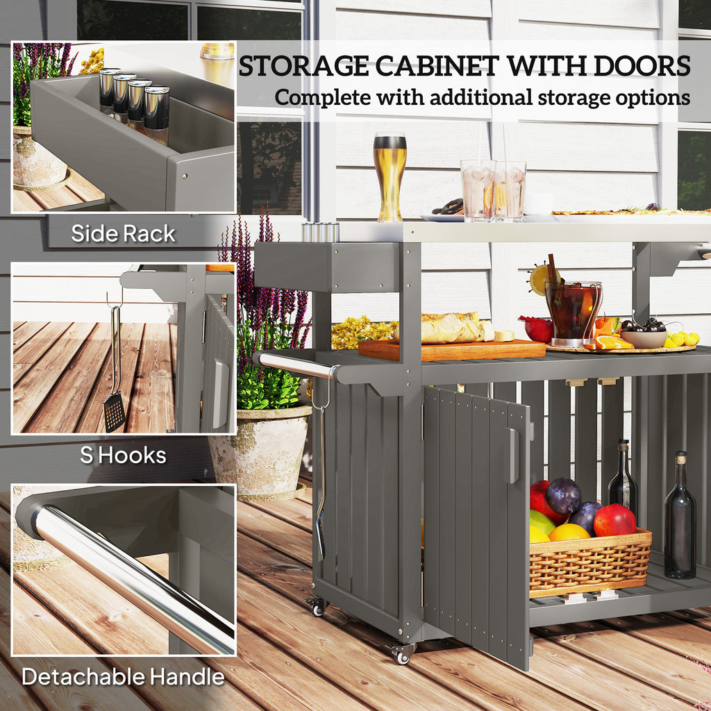 Outdoor Bar Cart with Storage Cabinet, Stainless Steel Outdoor Bar Table Top, Wheeled HDPE Kitchen Island for Food Prep