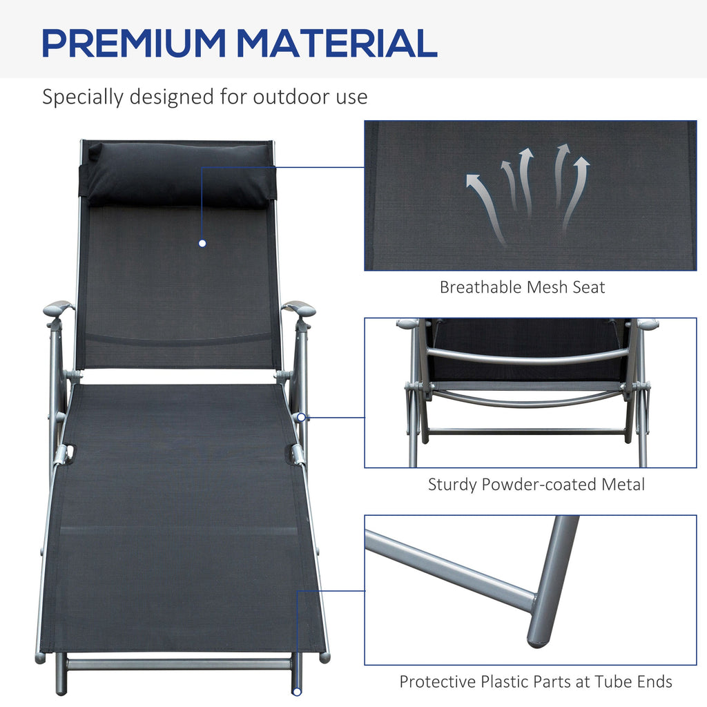 Heavy-duty Adjustable Folding Reclining Chair Outdoor Sun Lounger Patio Chaise Lounge Garden Beach Gravity Lounge with Pillow, 7 Adjustable Backrest Positions, Black
