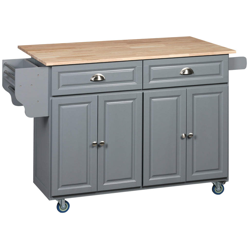 Kitchen Island with Storage, Rolling Kitchen Island with Drop Leaf, Rubber Wood Top and Adjustable Shelves, Grey