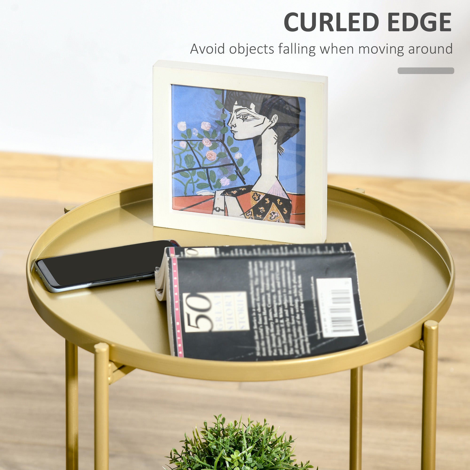 2-Tier Gold Side Table, Round Nightstand with Removable Trays Folding Metal Frame Adjustable Foot End Table for Living Room Bedroom