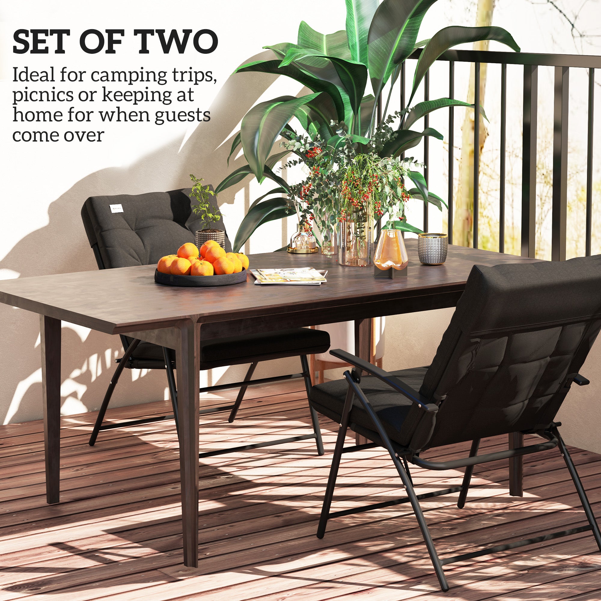Set of 2 Outdoor Folding Chairs with Adjustable Backrest, Padded Camping Chairs for Outdoor Events, Black
