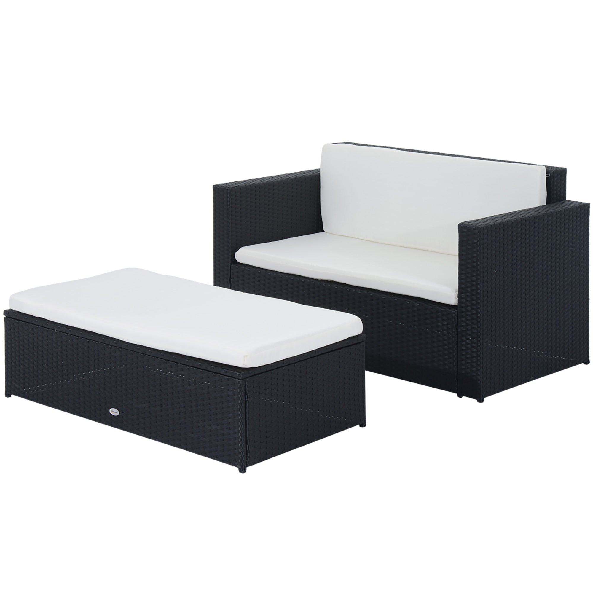 2 Pieces Wicker Patio Furniture Set with Double Ottoman, Outdoor PE Rattan Conversation Set with Loveseat and Two Seat Ottoman, Cream White