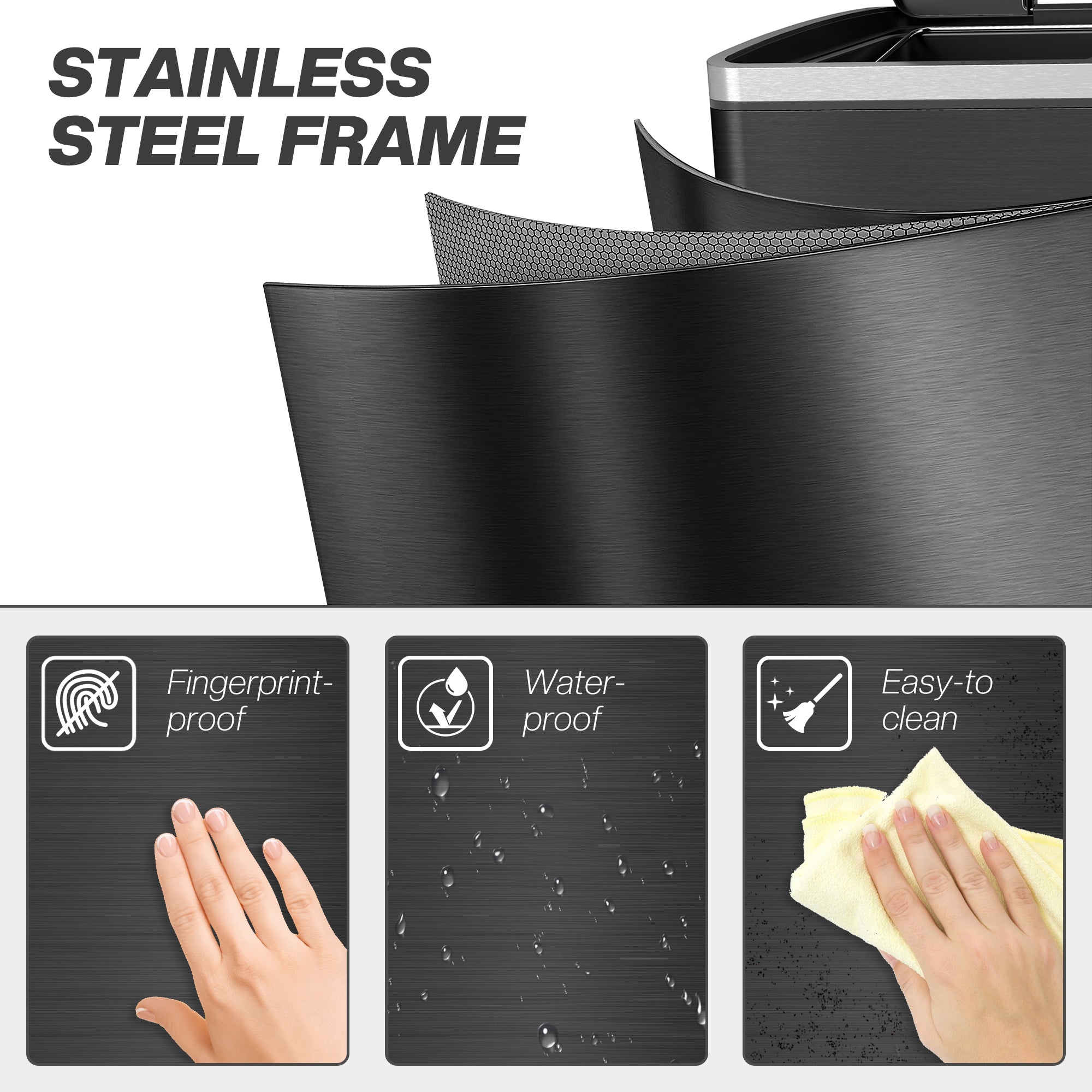 2x5.3 gal (2x20 L) Garbage Bin, Stainless Steel Garbage Can with Soft-Close Lid and Removable Inner Buckets, Black
