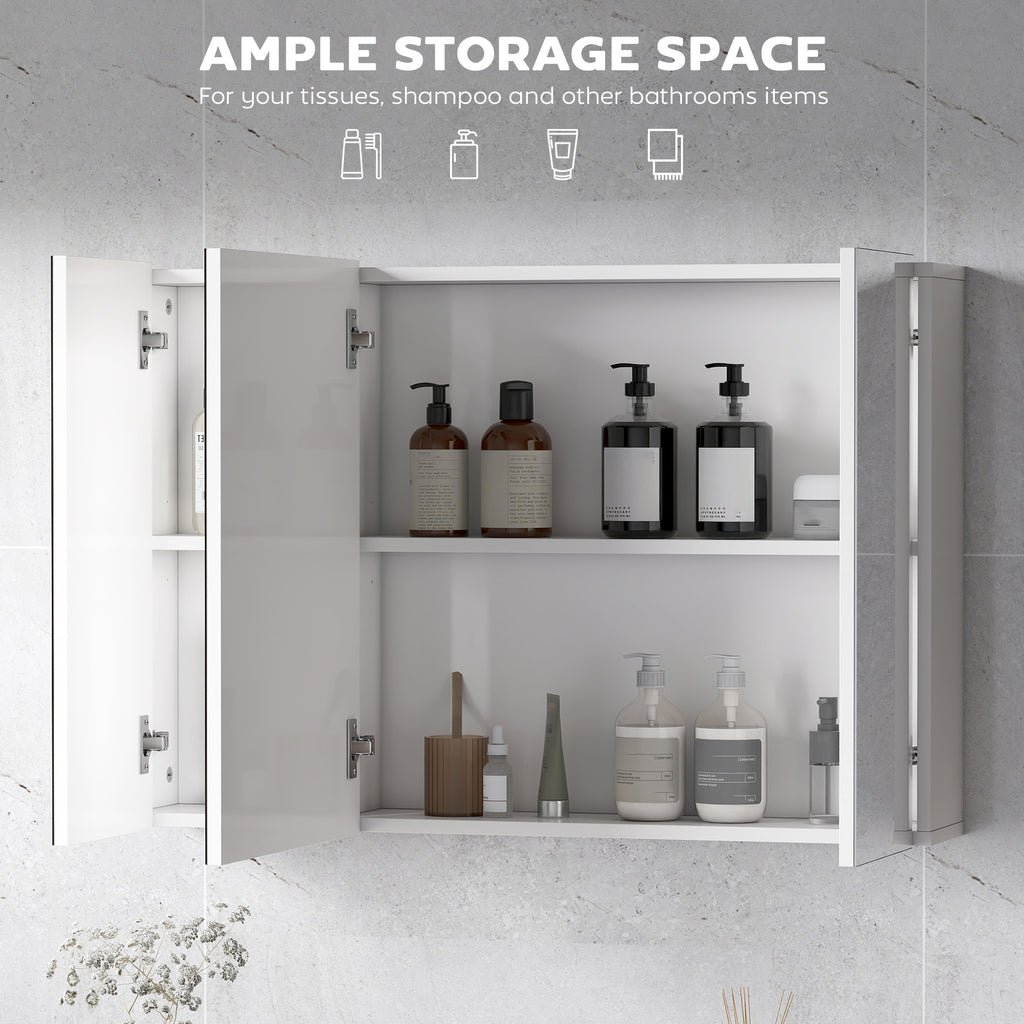 35" x 24" Wall Mounted Mirror Cabinet, Bathroom Medicine Cabinet with Mirror, 3 Doors and Adjustable Shelves, White