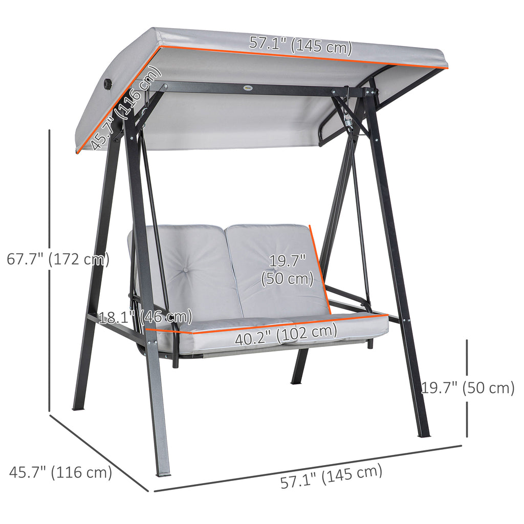 2-Seater Outdoor Porch Swing with Adjustable Canopy, Patio Swing Chair for Garden, Poolside, Backyard, Grey