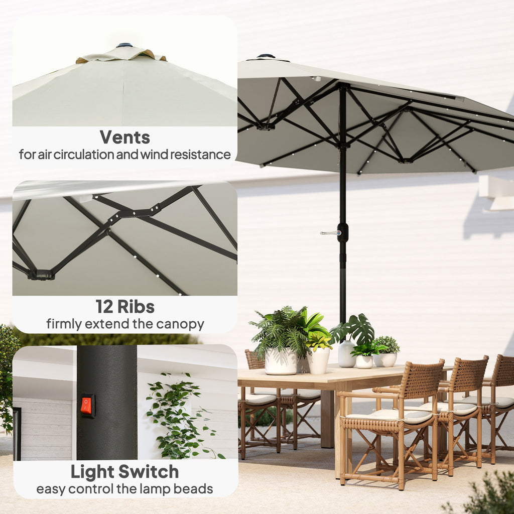 173" Double-Sided Sun Umbrella Garden Parasol Patio Sun Shade Outdoor with LED Solar Light, Cream White