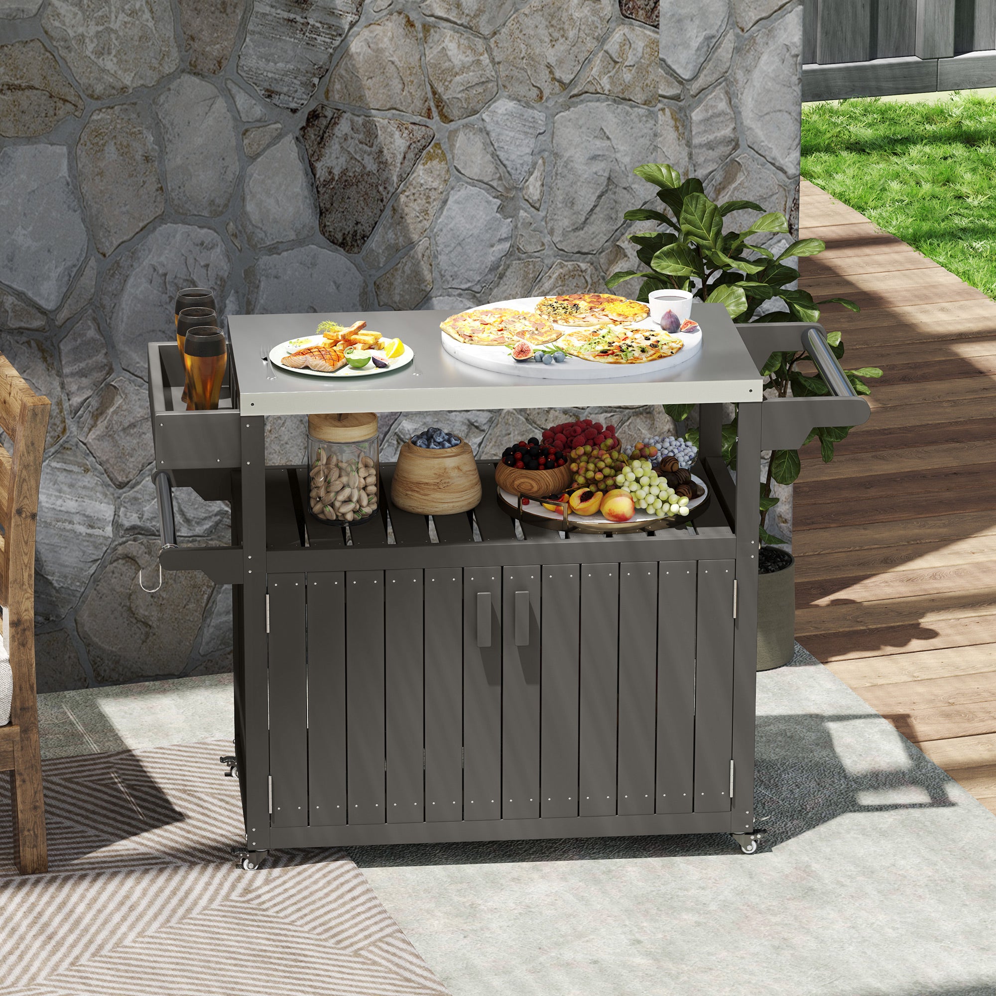 Outdoor Bar Cart with Storage Cabinet, Stainless Steel Outdoor Bar Table Top, Wheeled HDPE Kitchen Island for Food Prep
