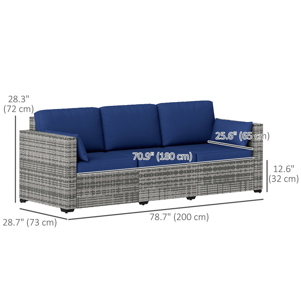 3-Seater Patio Sofa with Cushions, Rattan Conversation Set with Steel Frame & Washable Cushion Covers, Dark Blue