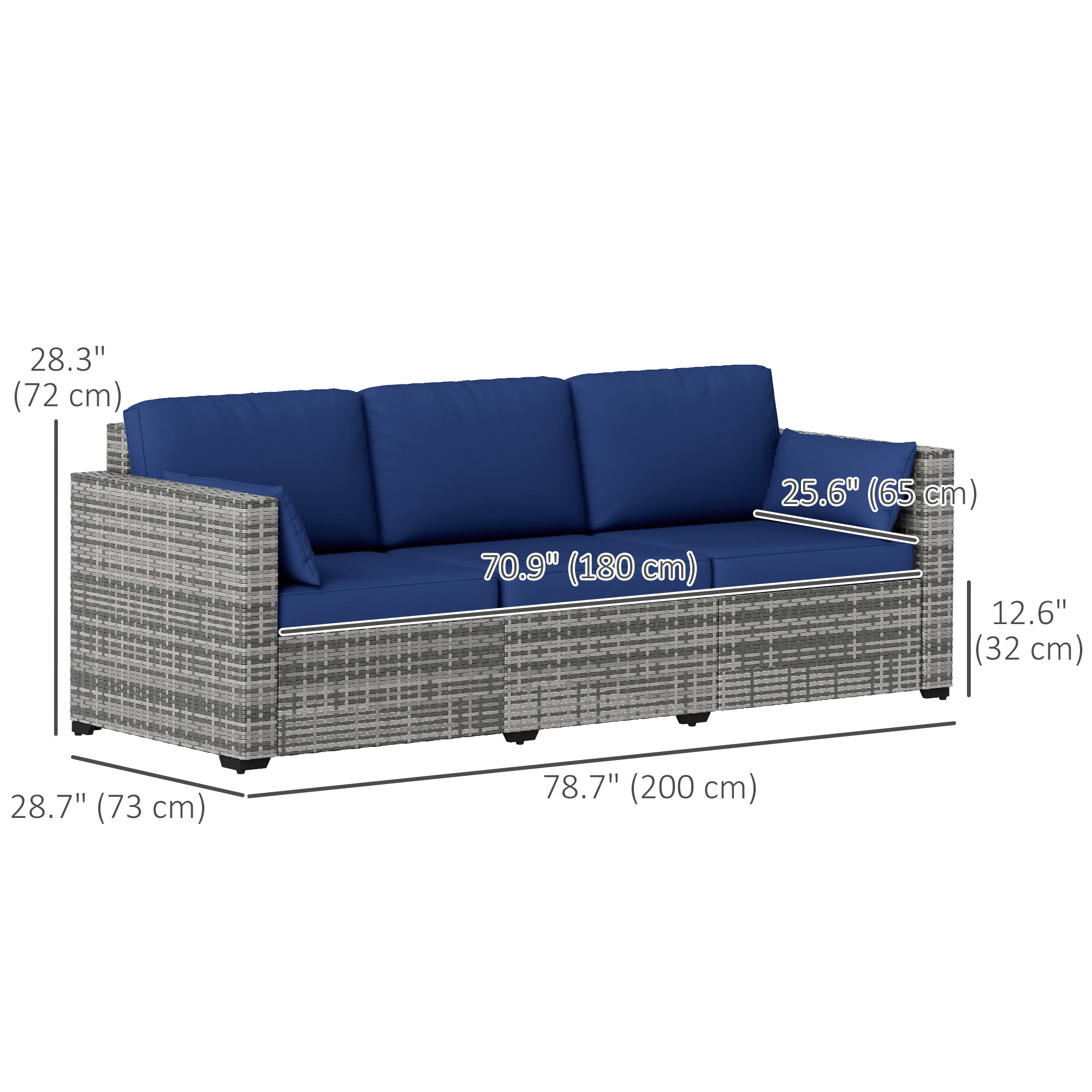 3-Seater Patio Sofa with Cushions, Rattan Conversation Set with Steel Frame & Washable Cushion Covers, Dark Blue