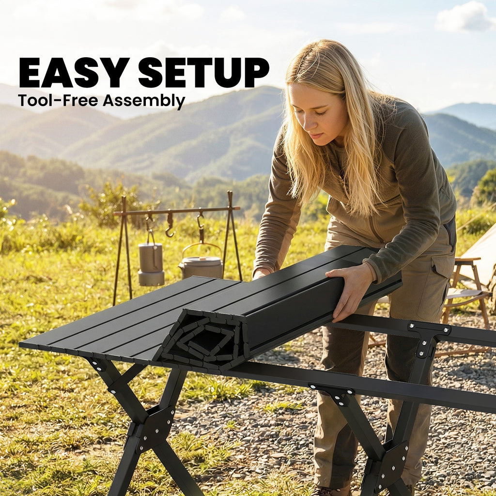 4ft Folding Camping Table, Waterproof Picnic Table with Roll Up Top, Carry Bag and Metal Frame, Black