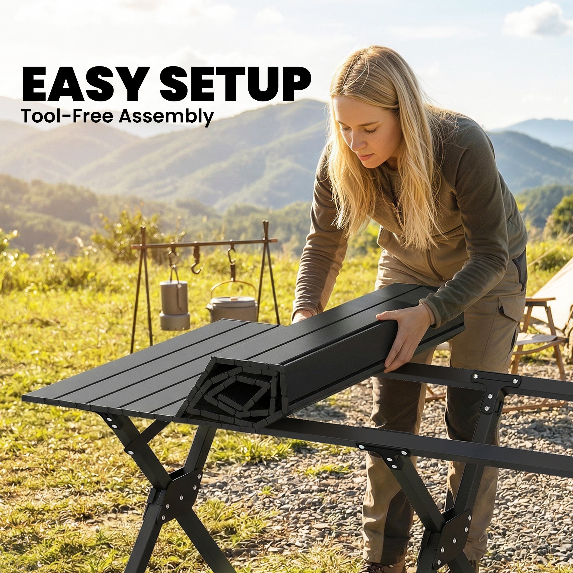 4ft Folding Camping Table, Waterproof Picnic Table with Roll Up Top, Carry Bag and Metal Frame, Black