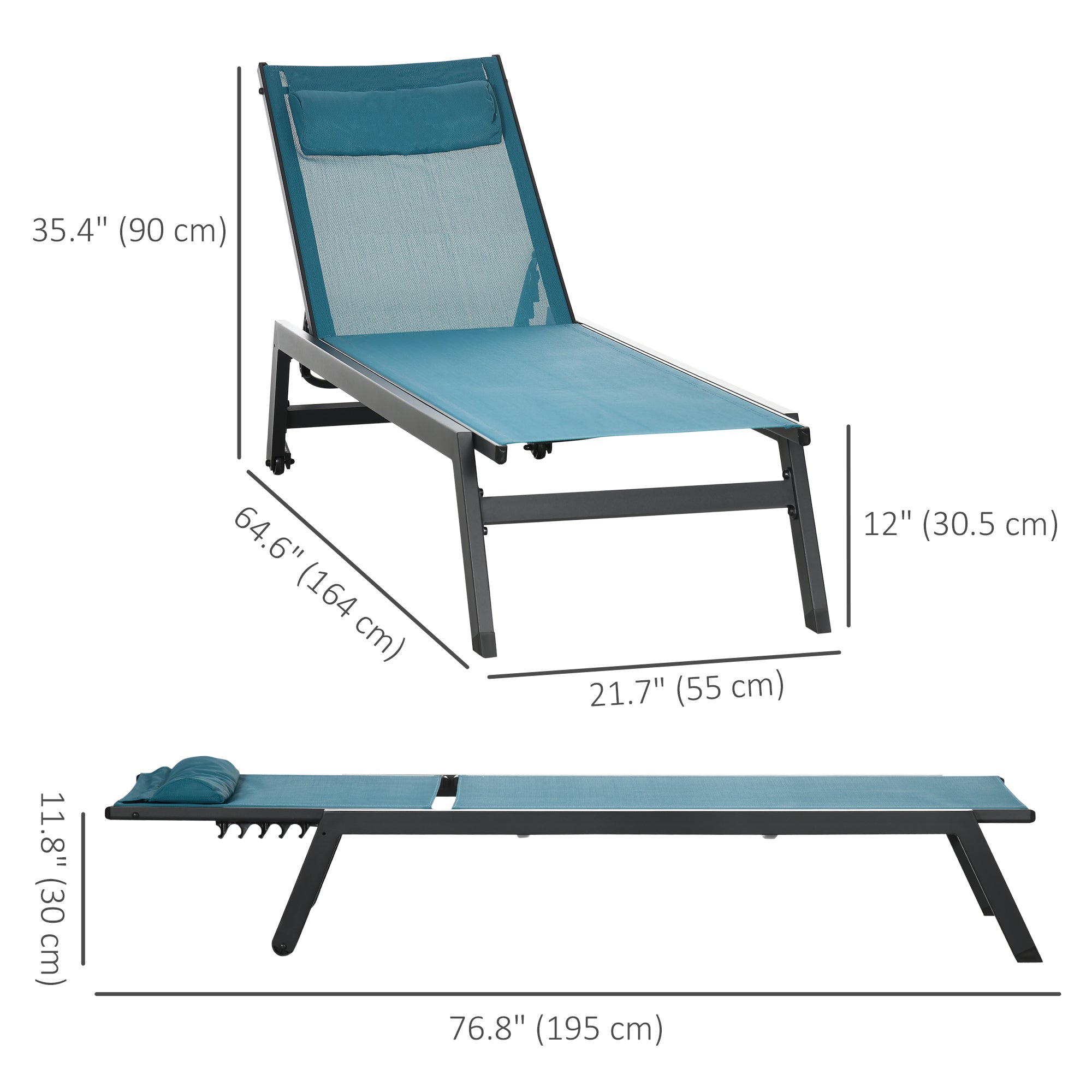 Outdoor Lounge Chair, 5-Position Tanning Chair with Wheels, Headrest, Aluminum Frame for Poolside, Beach, Blue
