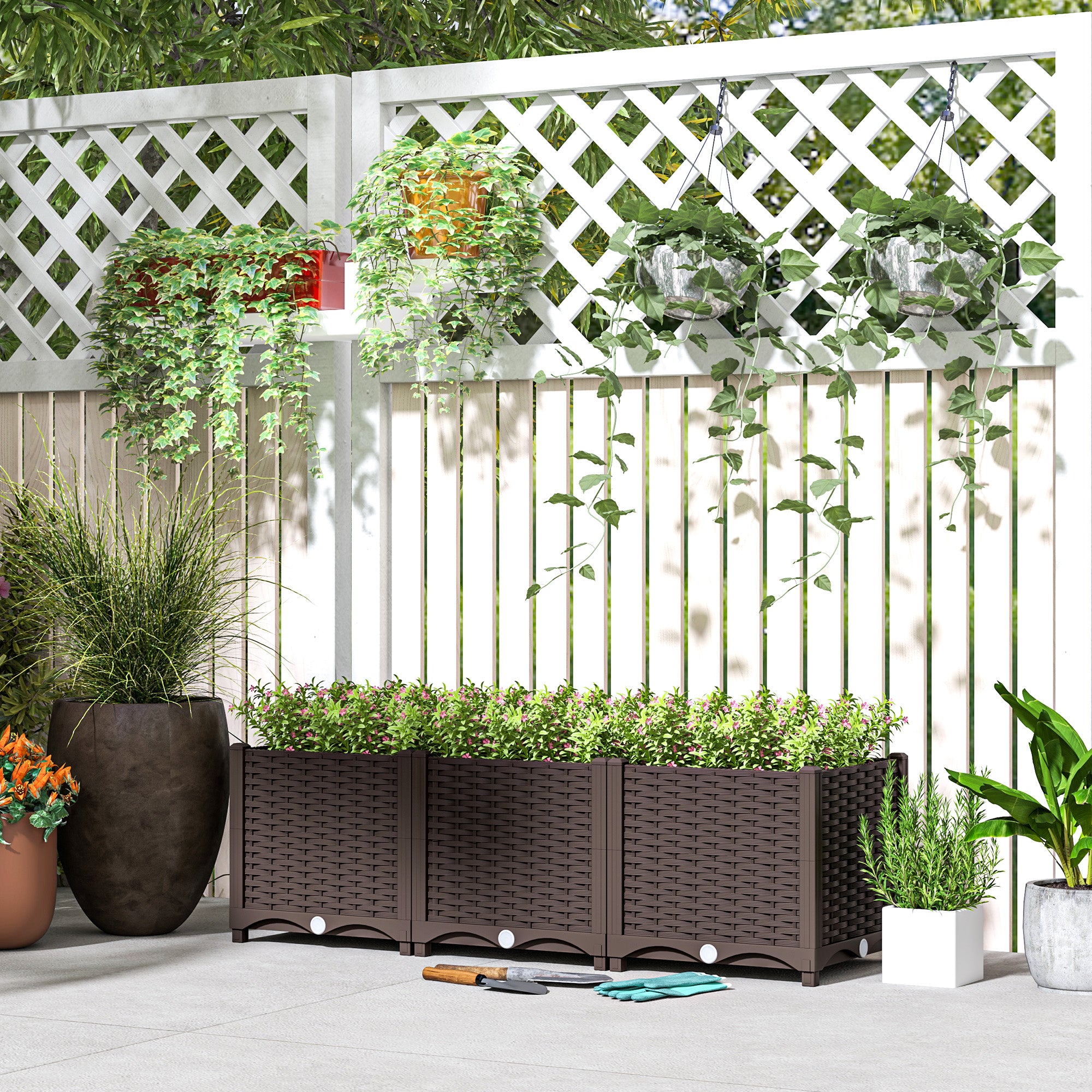 Plastic Raised Garden Bed, Outdoor Planter Box with Drainage Holes for Patio, Balcony, 47.2" x 15.7" x 14.6", Brown