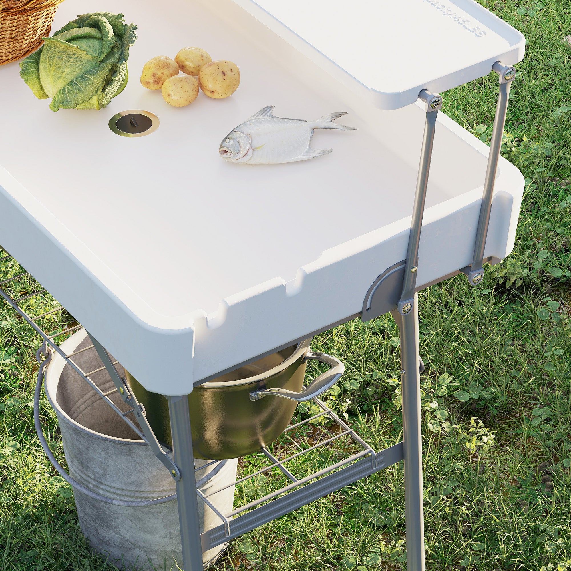 3.5ft Folding Ice Cooler Table with Drain, 2-Tier Outdoor Patio Party Cooler, Fishing Cleaning Table with Storage Shelf for Picnic BBQ Camping Wedding, White