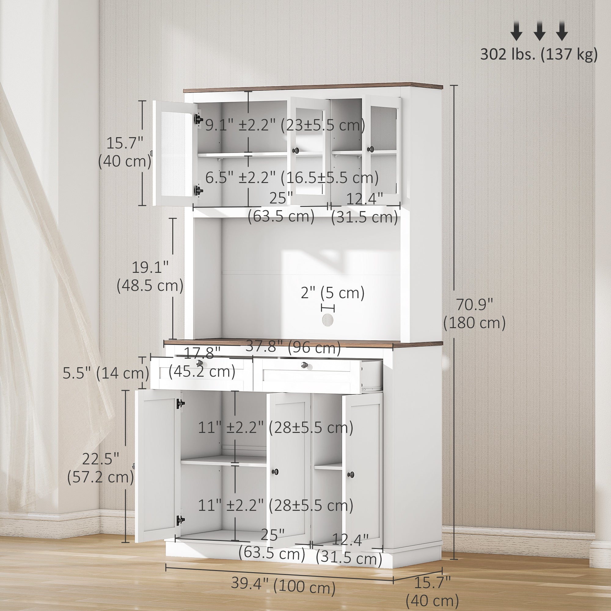 71" Pantry Cabinet with Microwave Space, Kitchen Cabinet with Hutch, 2 Drawers, Adjustable Shelves, Glass Doors, White