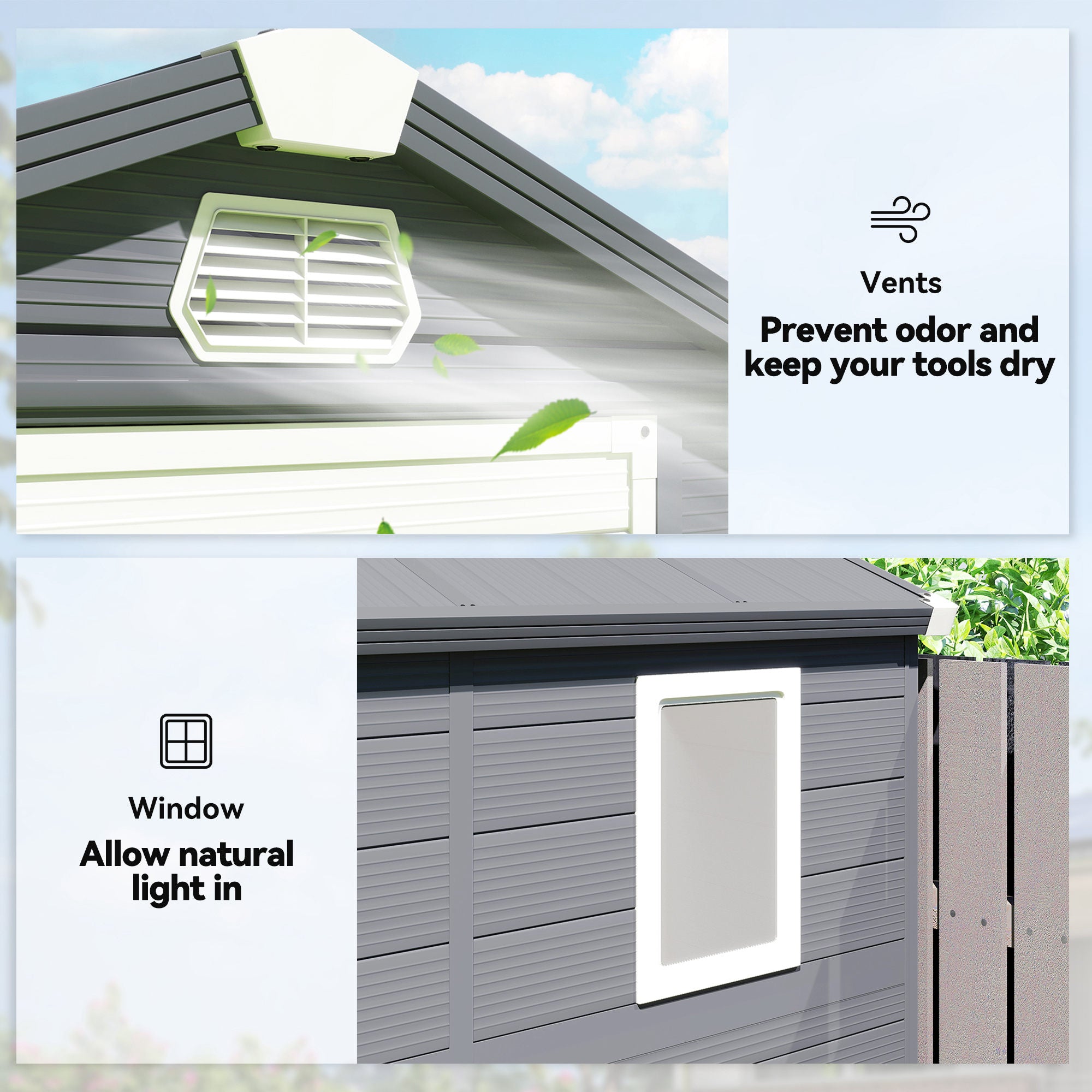 4.5' x 6' Plastic Garden Storage Shed with Latch Door, Vents, Sloped Roof, Dark Grey