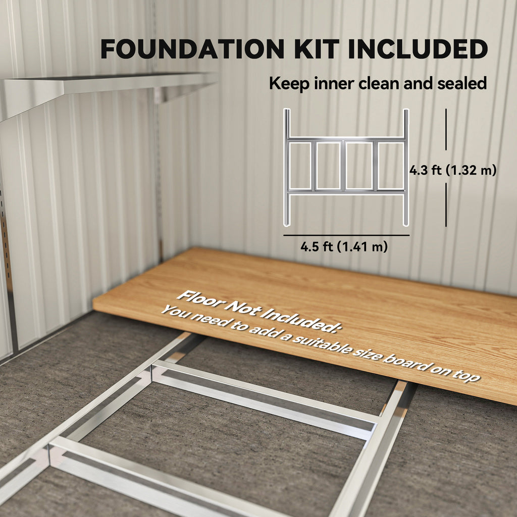 5'x7' Lean to Galvanized Metal Shed with Foundation, Garden Tool Storage House w/ Sliding Door and 2 Vents, Light Grey