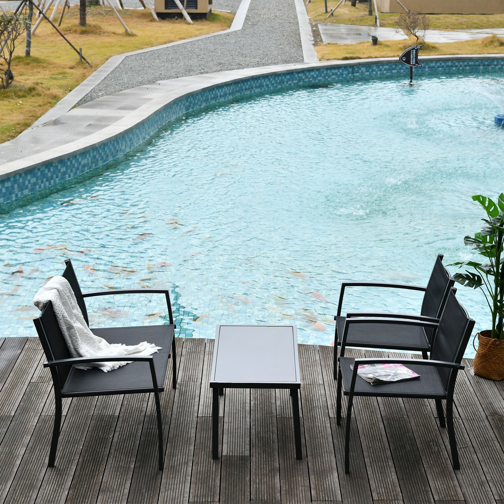4-Piece Patio Furniture Set with Glass Top Coffee Table, Breathable Mesh Seat & Backrest for Garden, Balcony, Black