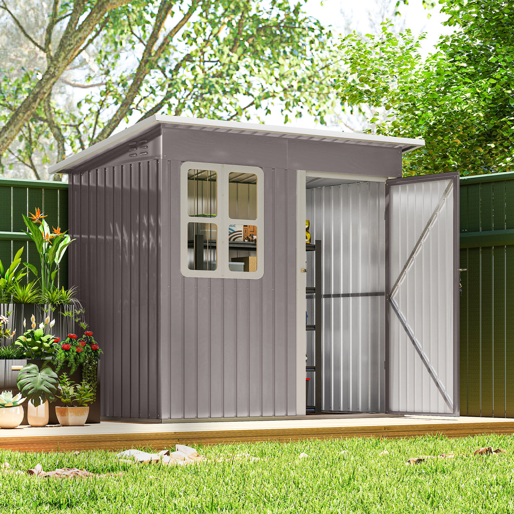 7' x 4' Galvanised Steel Outdoor Storage Shed, Garden Shed with Window, Lockable Wide Door and Air Vents, Warm Grey