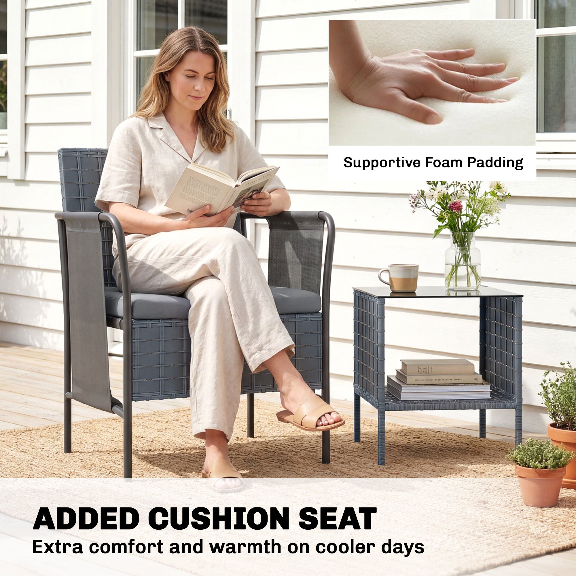 3 Piece Wicker Patio Furniture Set, Outdoor Bistro Set, Side Pockets, Mesh Seat, 2 Tier Glass Table, Cushions, Grey
