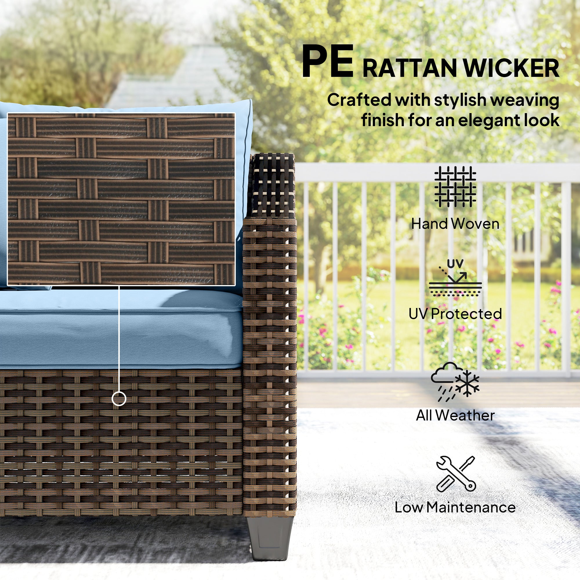 PE Wicker Outdoor Couch Sofa, 4-Seater Modular Patio Furniture Lounge Set with 2 Loveseats, Cushions, Pillows, Blue