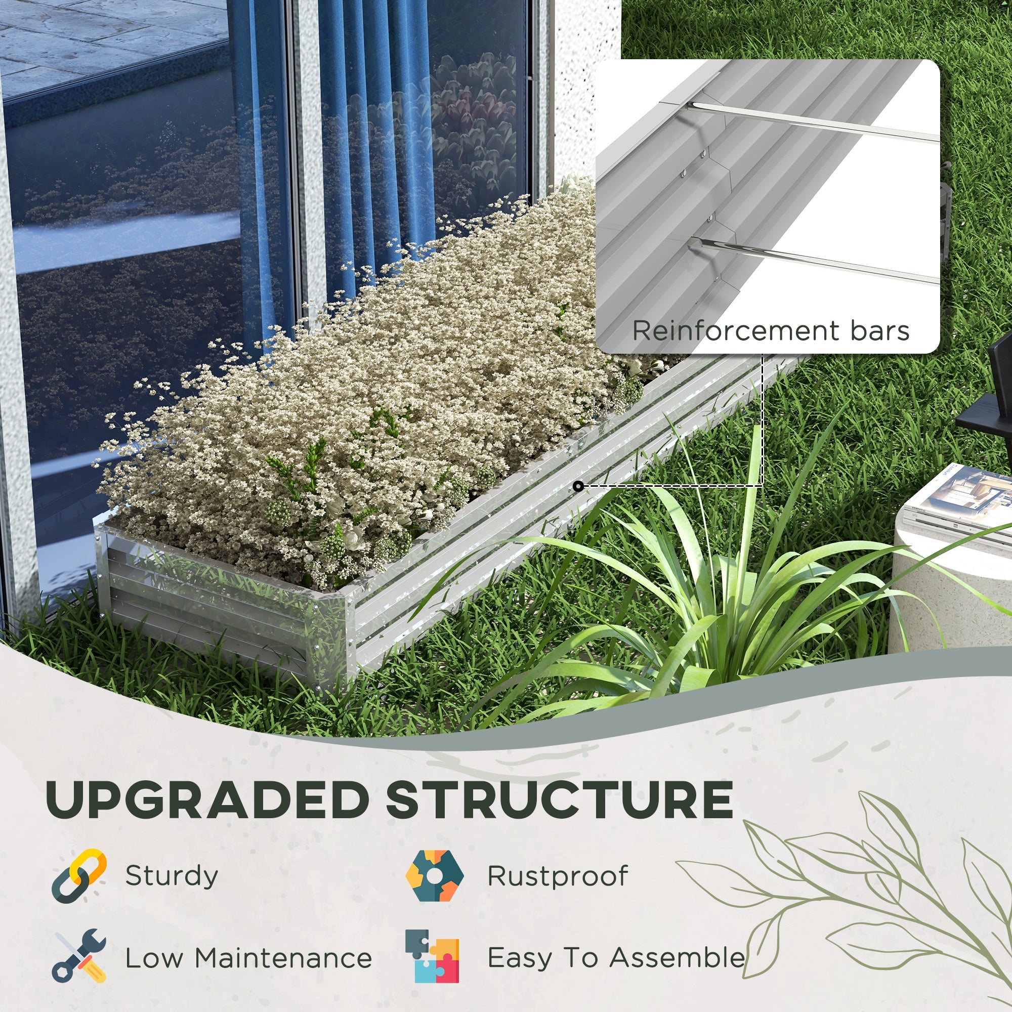 Galvanized Raised Garden Bed Steel Planter Box w/ Rods for Vegetables Flowers Herbs, 82" x 109" x 12", Silver