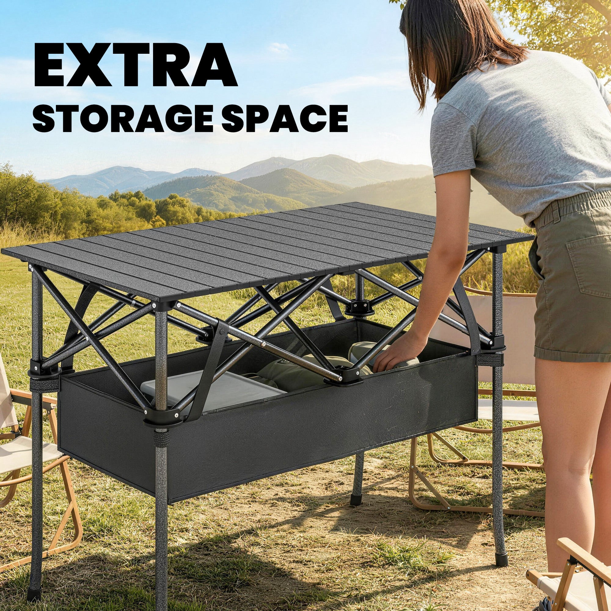 3ft Folding Camping Table, Picnic Table with Mesh Storage Net, Carrying Bag and Metal Frame, Black