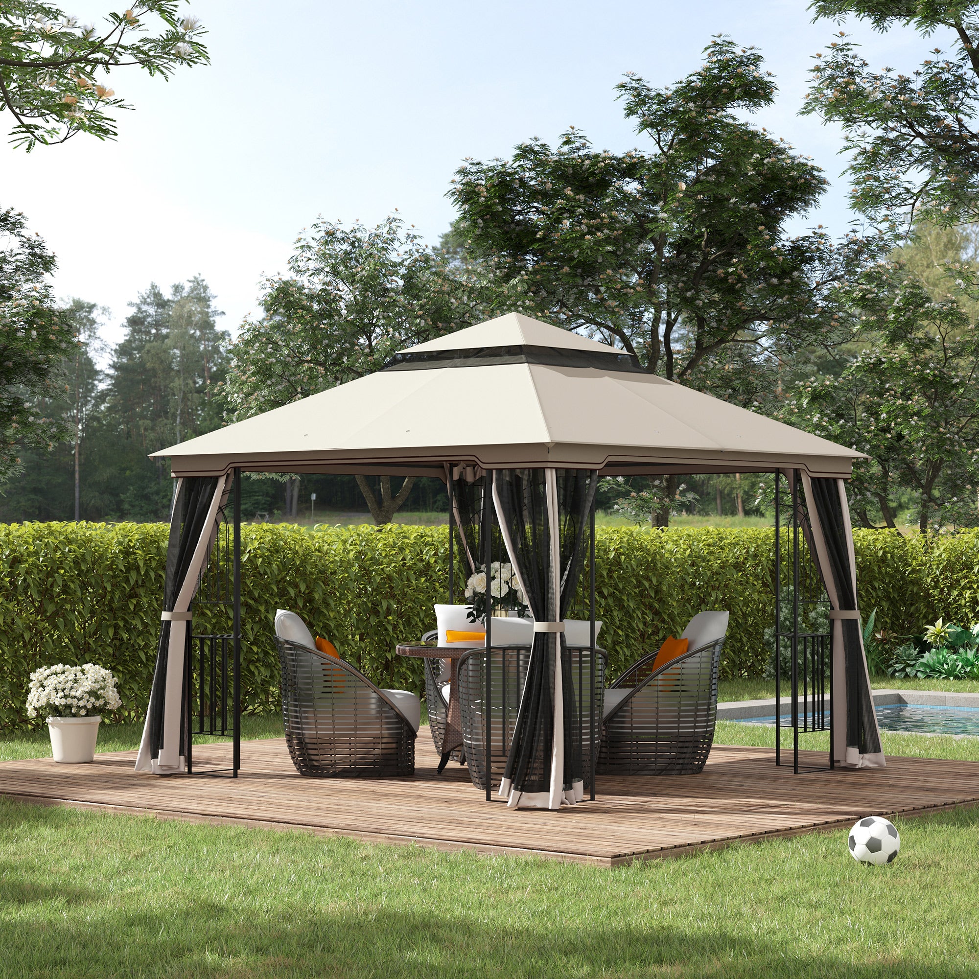 10'x10' Soft-top Patio Gazebo with Double Tier Roof, Mesh Curtains, Display Shelves, Top Hooks, Beige