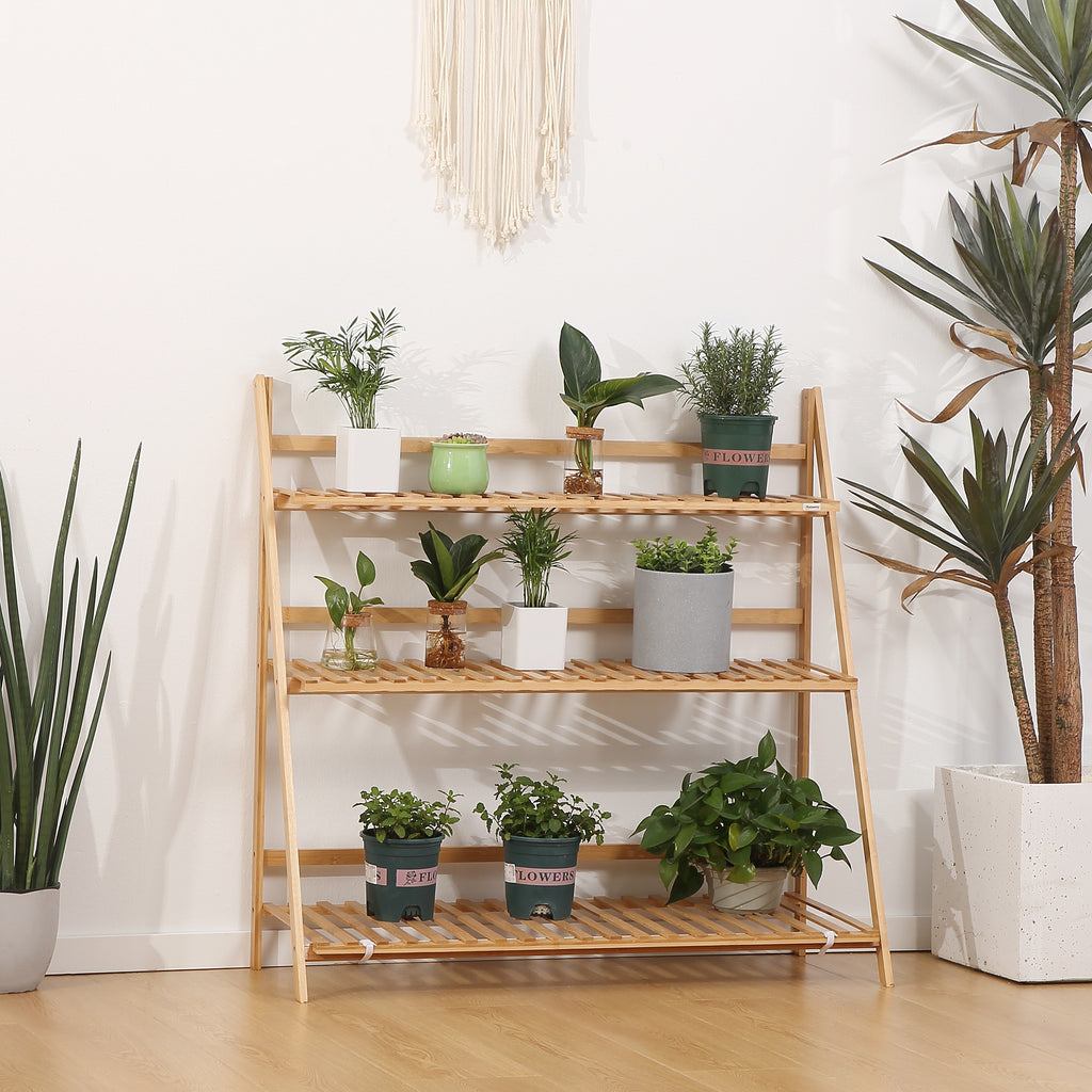 3-Tier Plant Stand, Plant Shelf Rack, Folding Bamboo Display Stand, 98x37x96.5cm, Natural