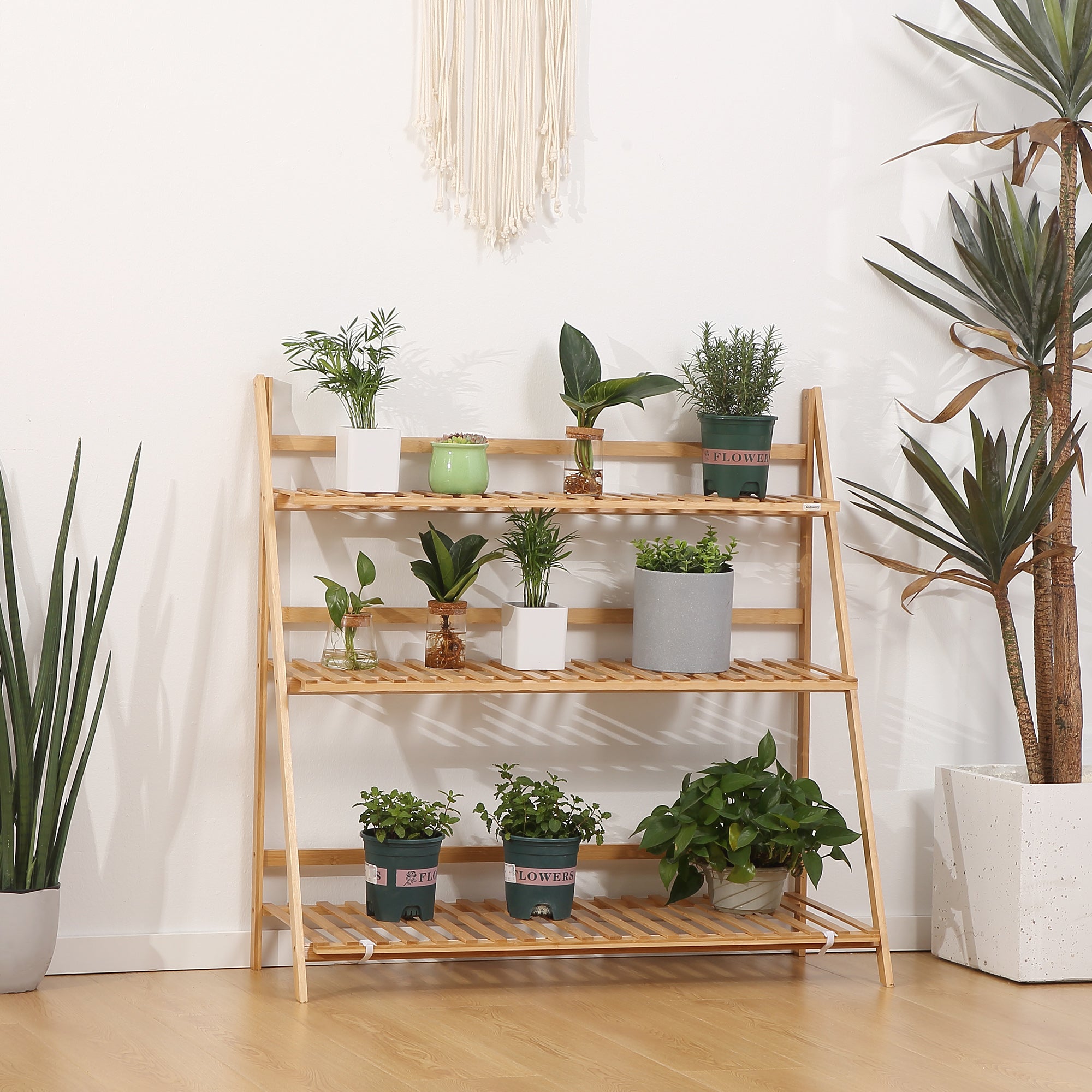 3-Tier Plant Stand, Plant Shelf Rack, Folding Bamboo Display Stand, 98x37x96.5cm, Natural