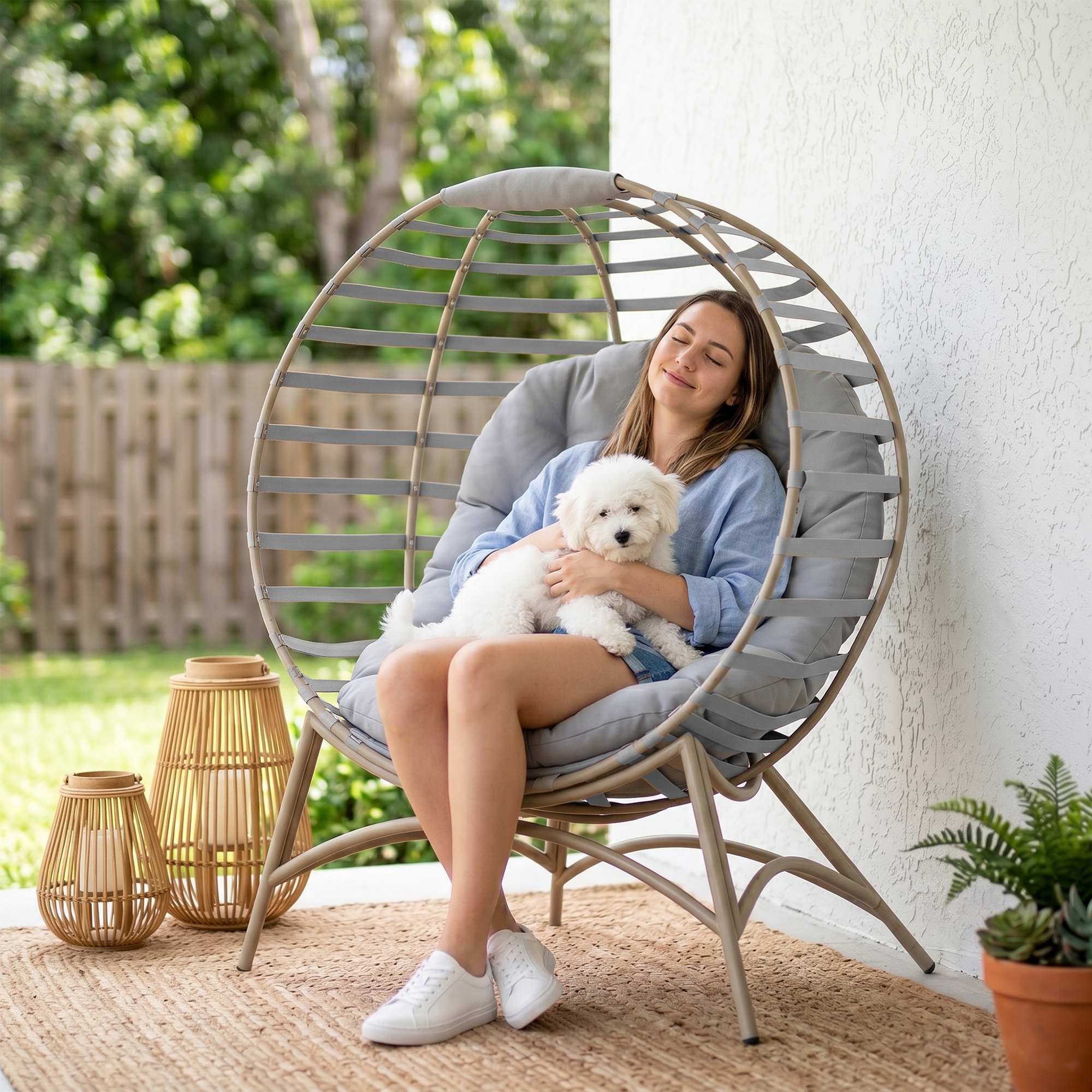 Egg Chair, Patio Lounge Chair, Foldable Basket Chair with Large Seat Cushion, Side Pocket, Light Grey