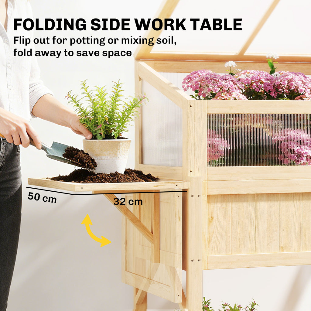 Raised Garden Bed Planter with Cold Frame, Wooden Elevated Planter Box with Folding Side Table and Shelf, Natural Wood