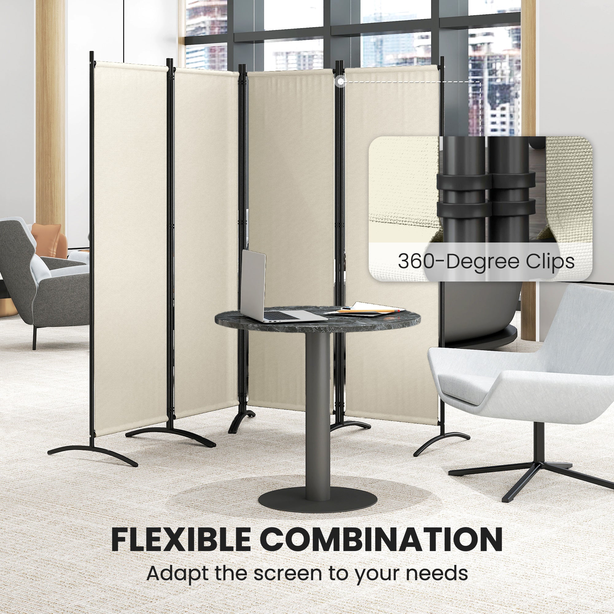 Folding Room Divider, Privacy Screen for Home Office Bedroom, 5.6FT Tall, Cream White