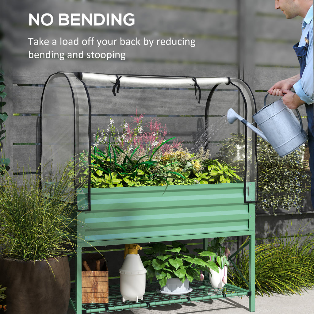 Raised Garden Bed with Cover, Metal Elevated Planter Box with Bottom Shelf and Liner, Green