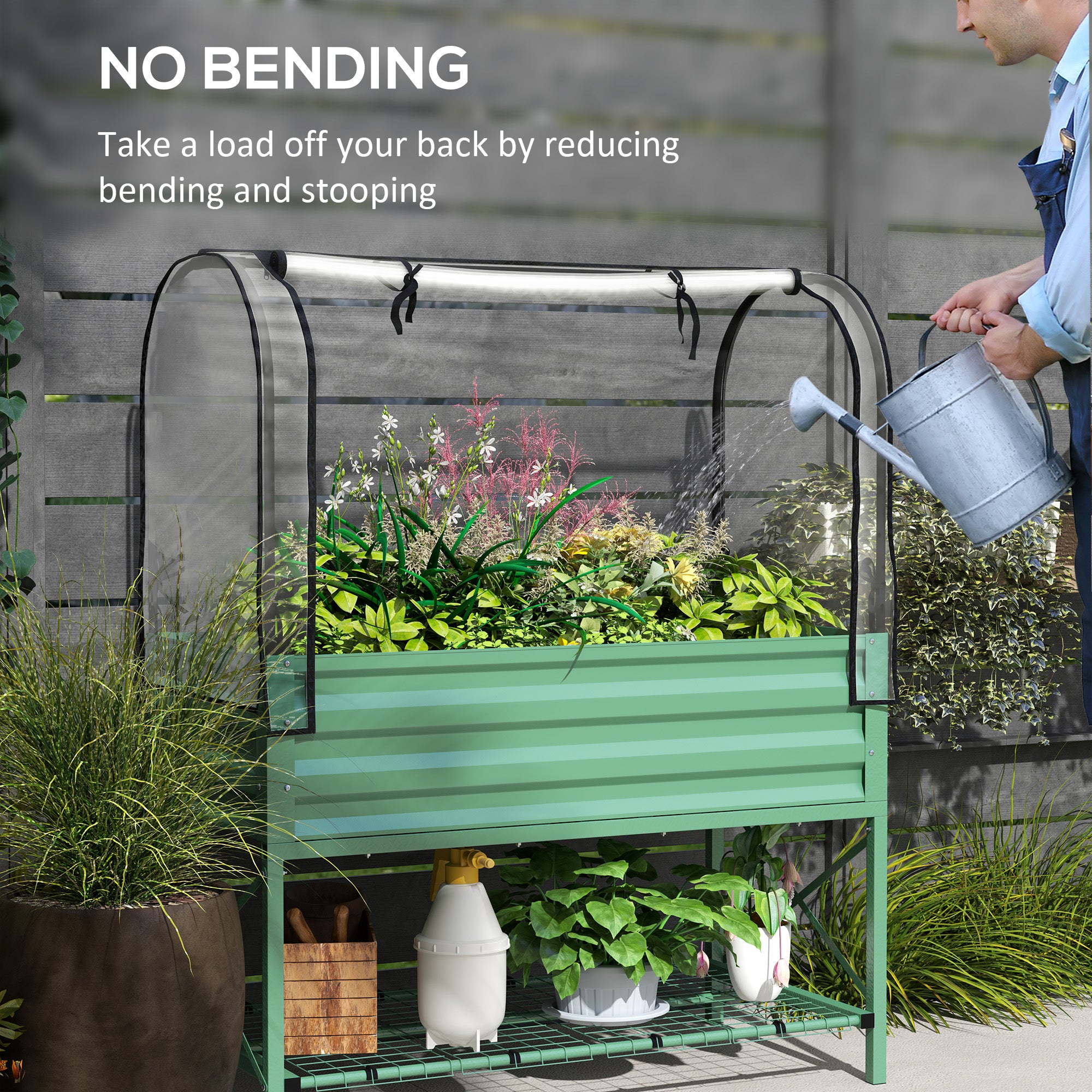 Raised Garden Bed with Cover, Metal Elevated Planter Box with Bottom Shelf and Liner, Green