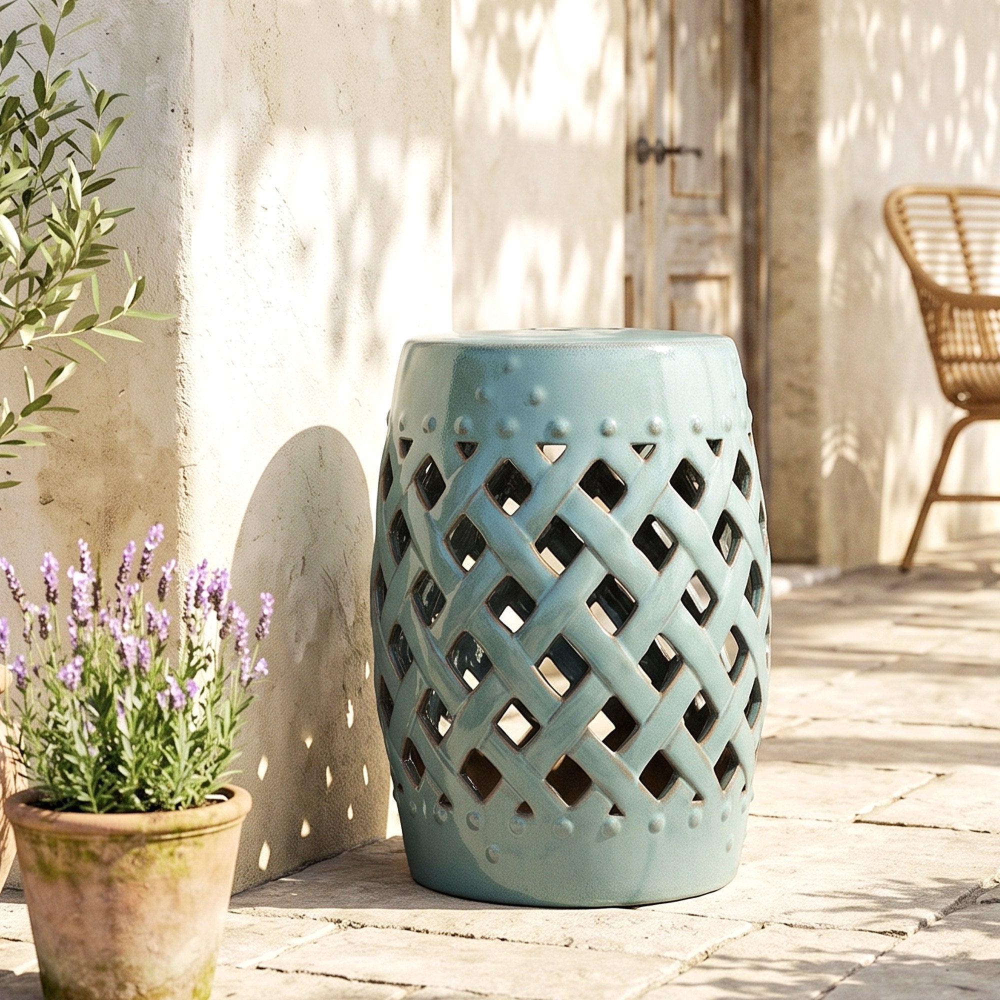 12.4" x 17.9" Ceramic Garden Stool with Woven Lattice Design, Indoor & Outdoor Decorative Accent Stool, Blue