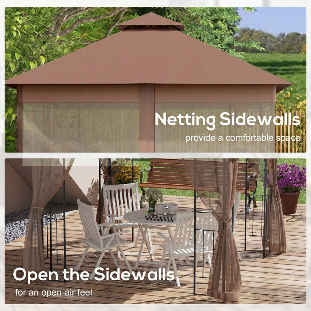 10'x10' Soft-top Patio Gazebo Outdoor Sun Shelter with 2-Tier Polyester Roof, Curtain Sidewalls, Dark Brown