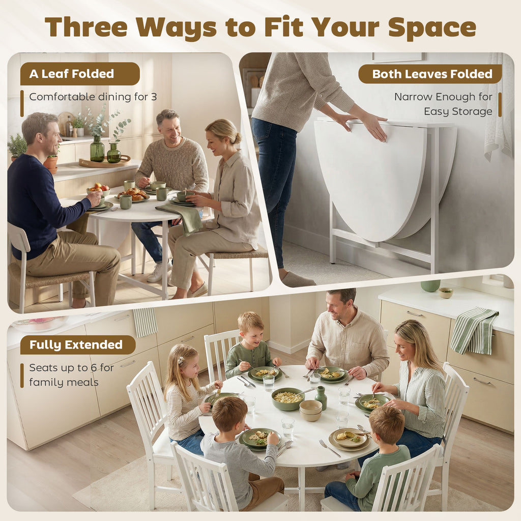 Folding Dining Table for 3-6 People, 47" Round Drop Leaf Kitchen Table with Steel Frame, White