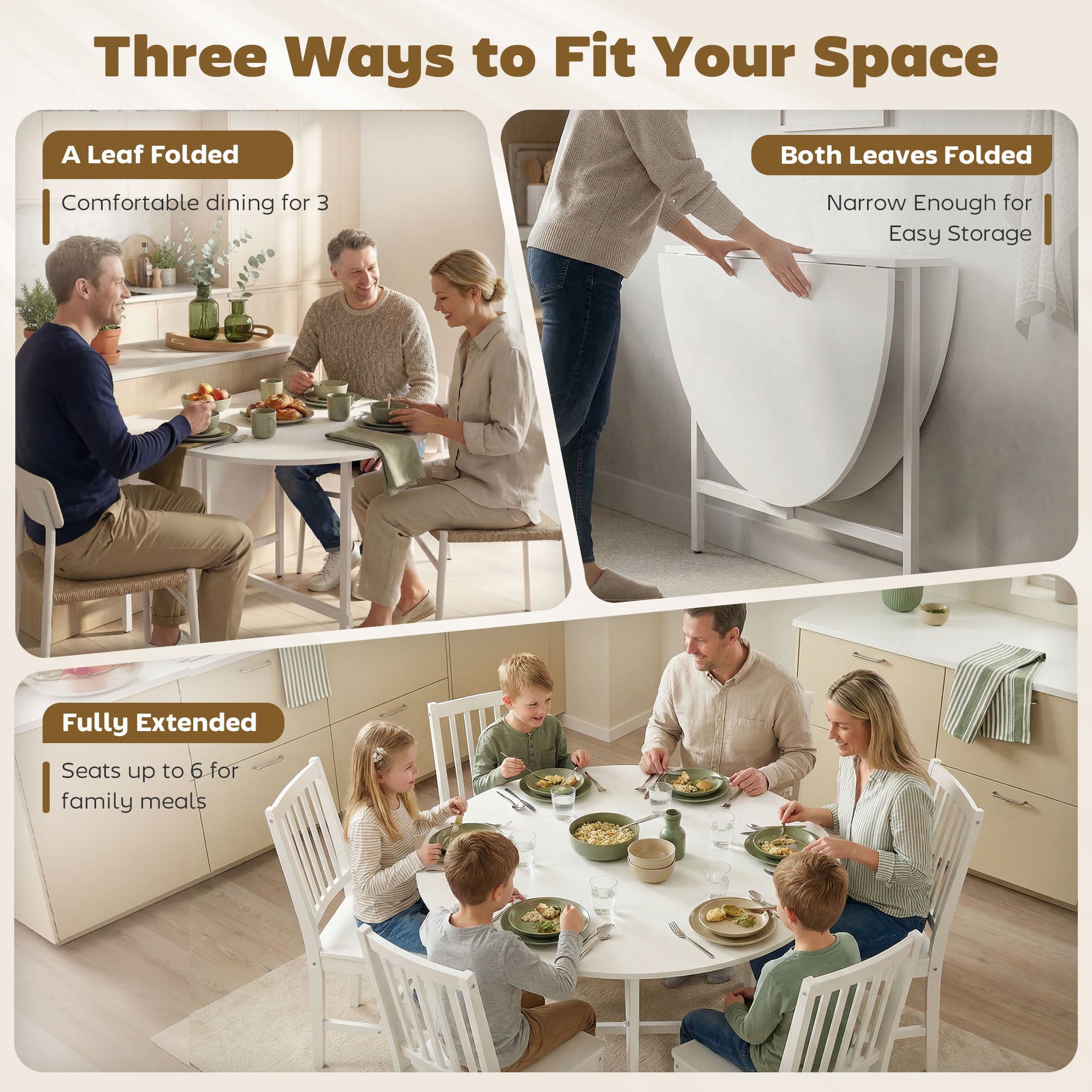 Folding Dining Table for 3-6 People, 47" Round Drop Leaf Kitchen Table with Steel Frame, White