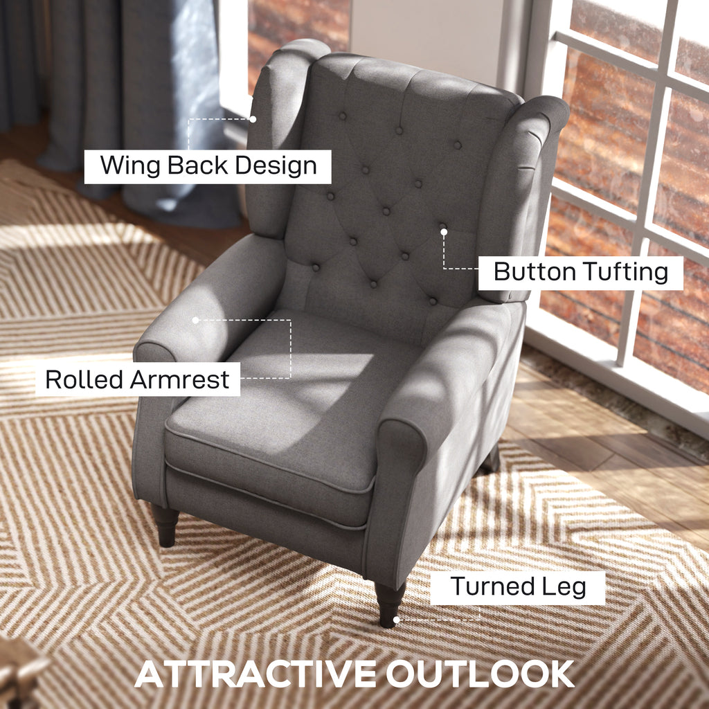 Fabric Accent Chair, Button Tufted Armchair, Armchair with Wood Legs, Thick Padding for Bedroom, Charcoal Grey