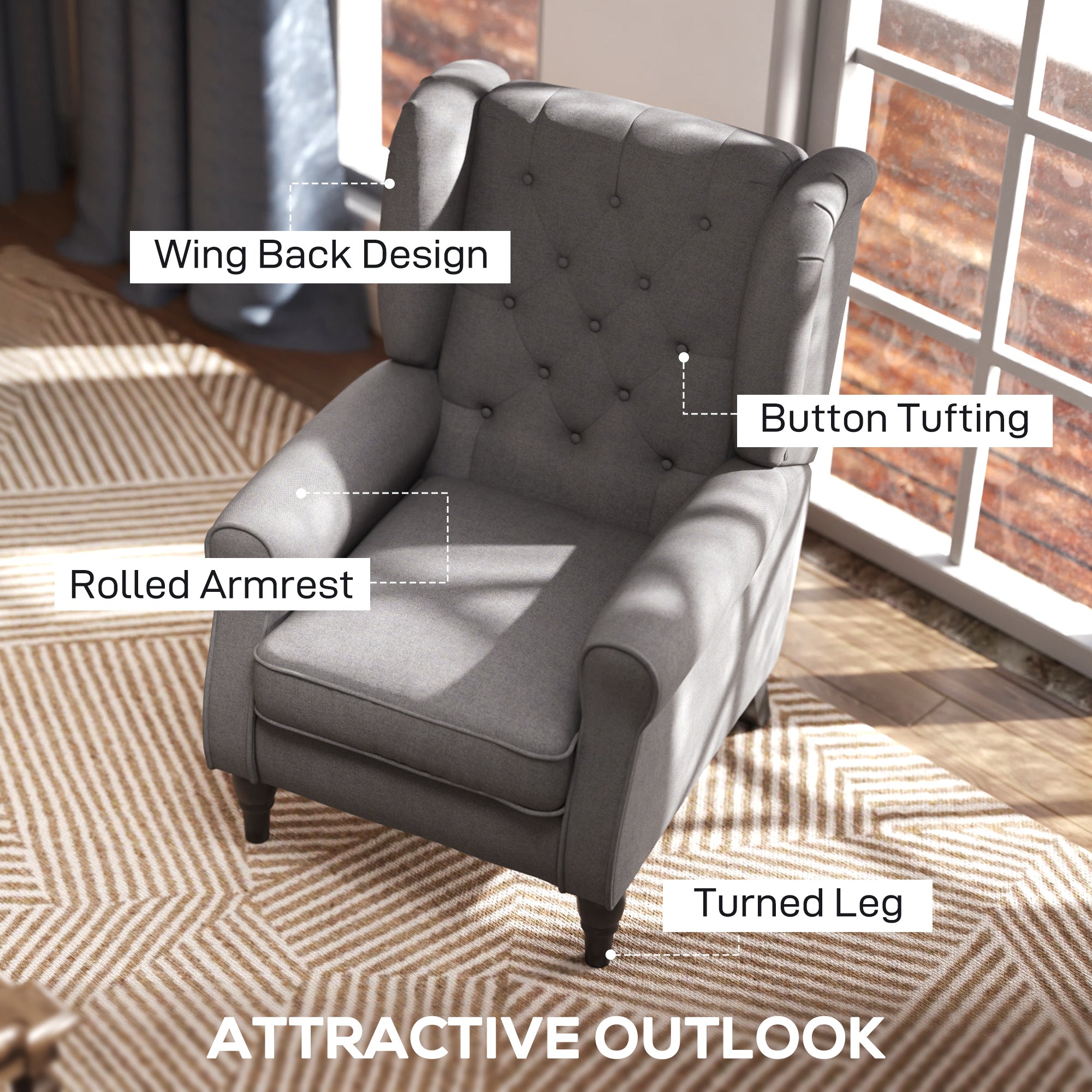 Fabric Accent Chair, Button Tufted Armchair, Armchair with Wood Legs, Thick Padding for Bedroom, Charcoal Grey