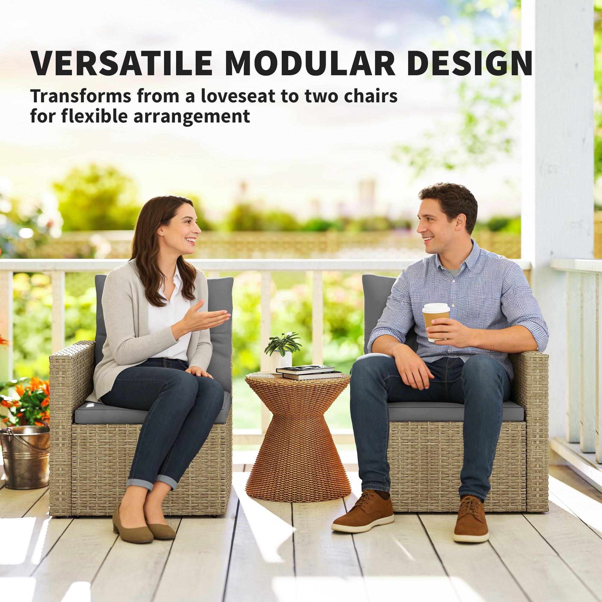 Wicker Outdoor Sofa with Side Trays, Rattan Patio Loveseat with Cushions for Garden Balcony, Light Grey