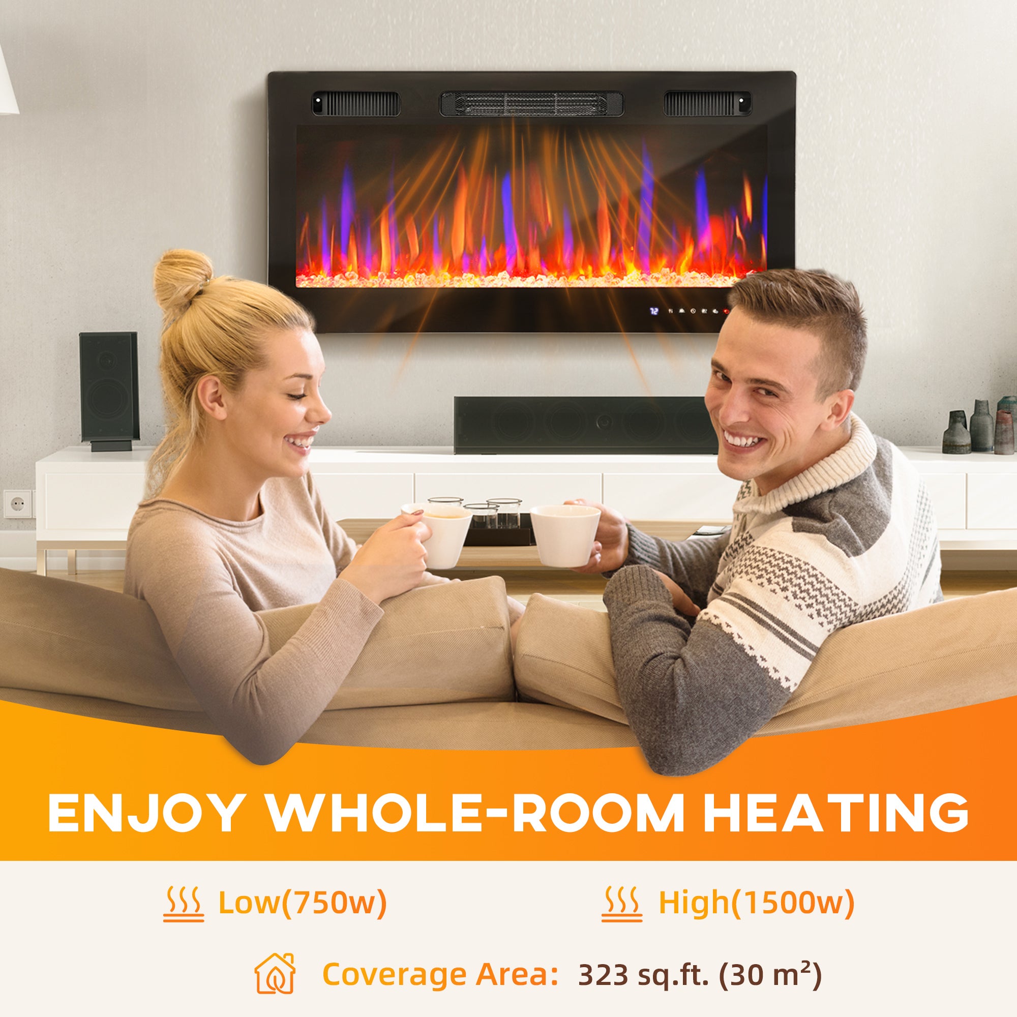 36" Thin Electric Fireplace, Freestanding, Wall Mounted Fireplace Heater with Eco Mode, Auto Switch, Remote, 1500W
