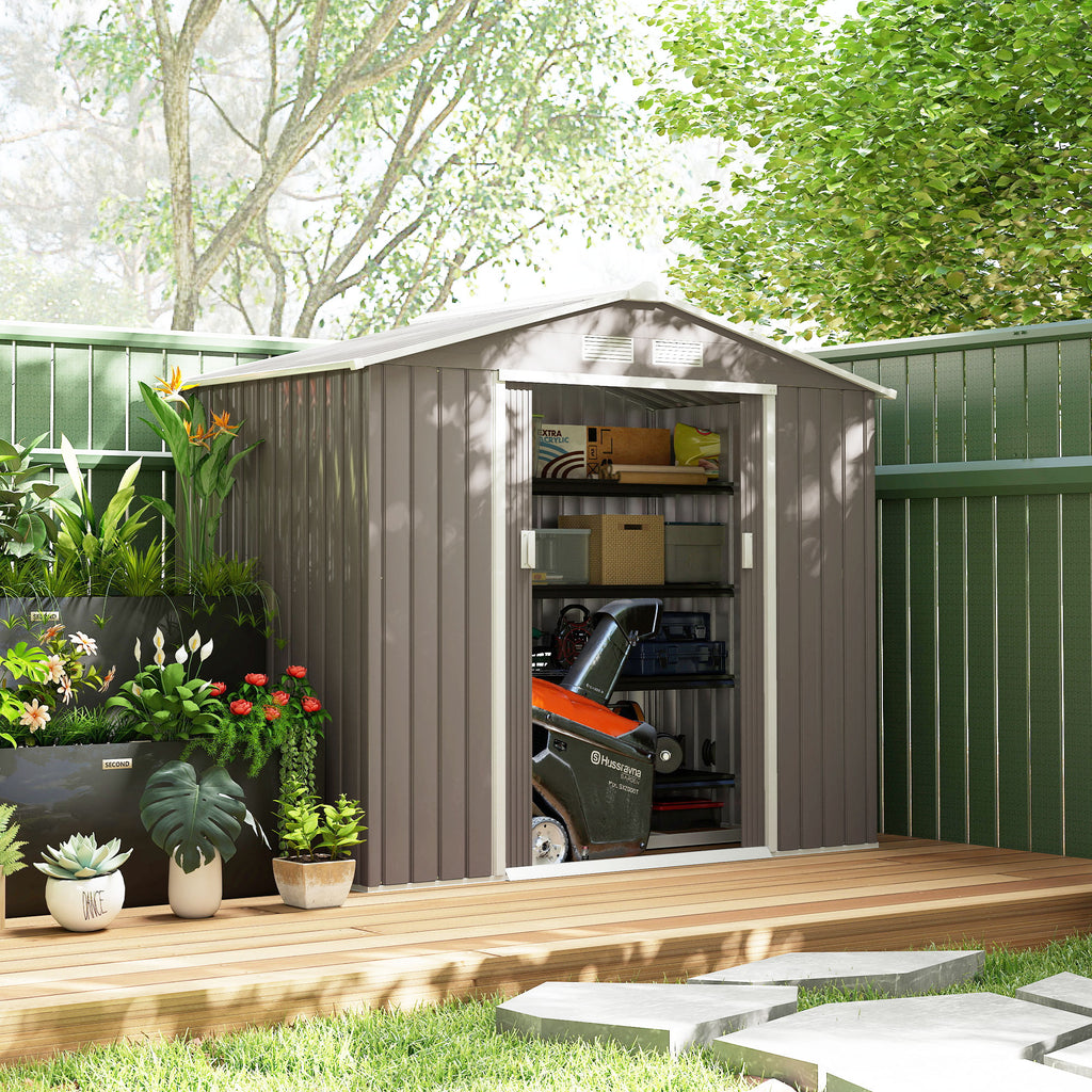 7 x 4 x 6 ft Metal Outdoor Storage Shed, Heavy-Duty Garden Tool House with Foundation Kit and Double Doors, Ideal for Patio and Backyard Storage, Light Brown