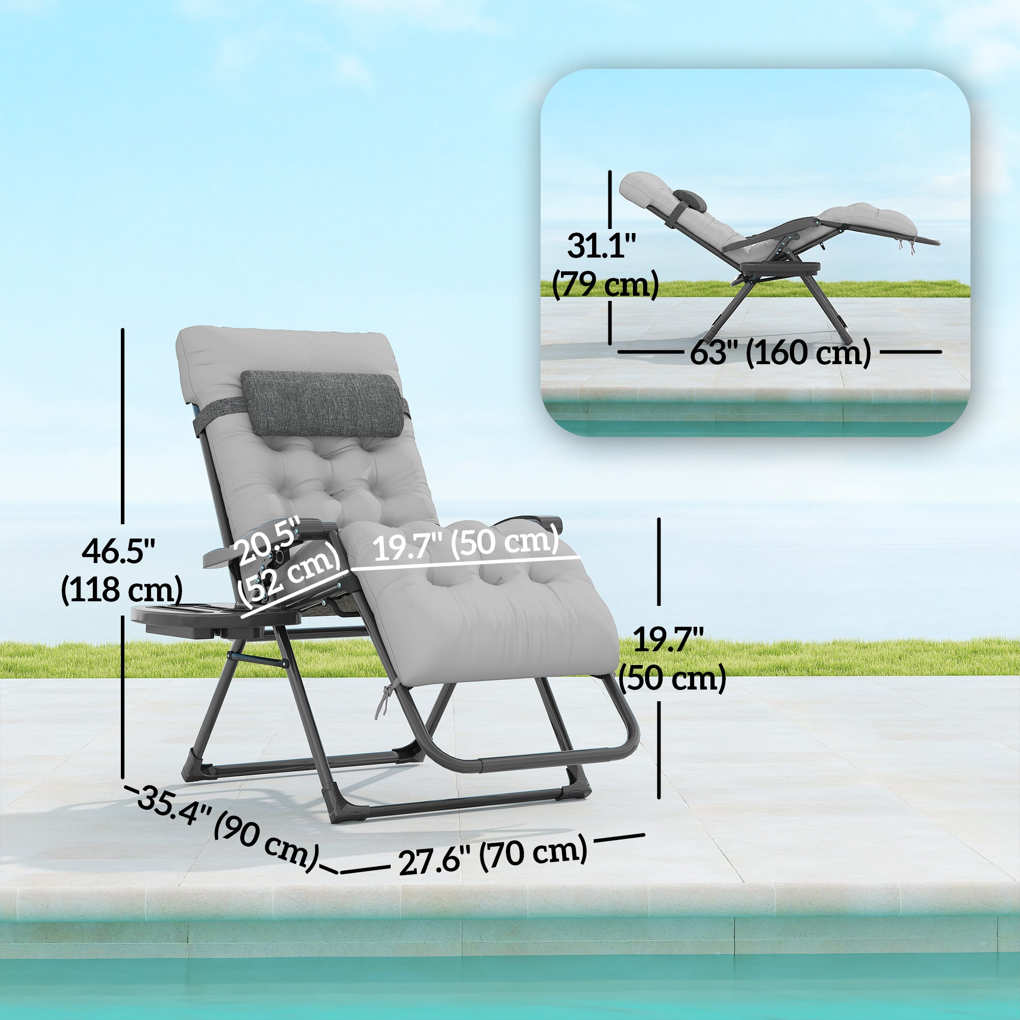 Padded Folding Recliner Chair, Patio Lounger with Cupholder, Adjustable Backrest, Removable Cushion, Grey