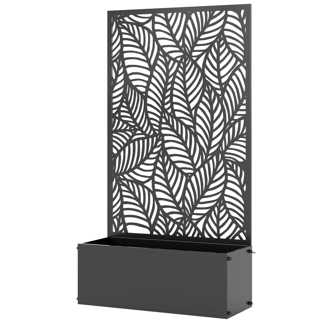 Metal Planter Box with Trellis, 44.5" Raised Garden Bed with Trellis Privacy Screen for Climbing Plants, Leaves Cut-Out