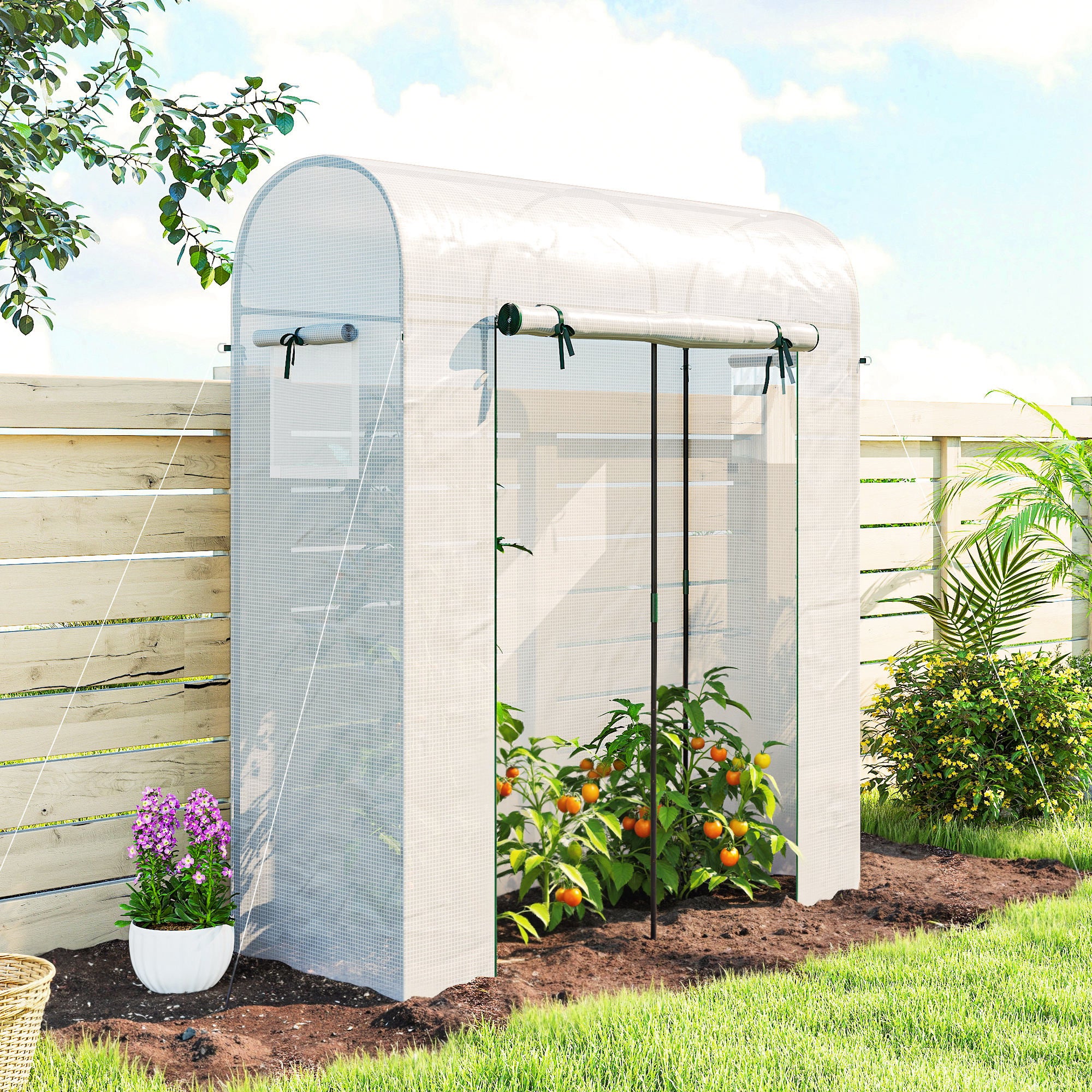 Mini Greenhouse, Portable Garden Green House with Roll-up Door and Mesh Windows, 6' x 2' x 6.6', White