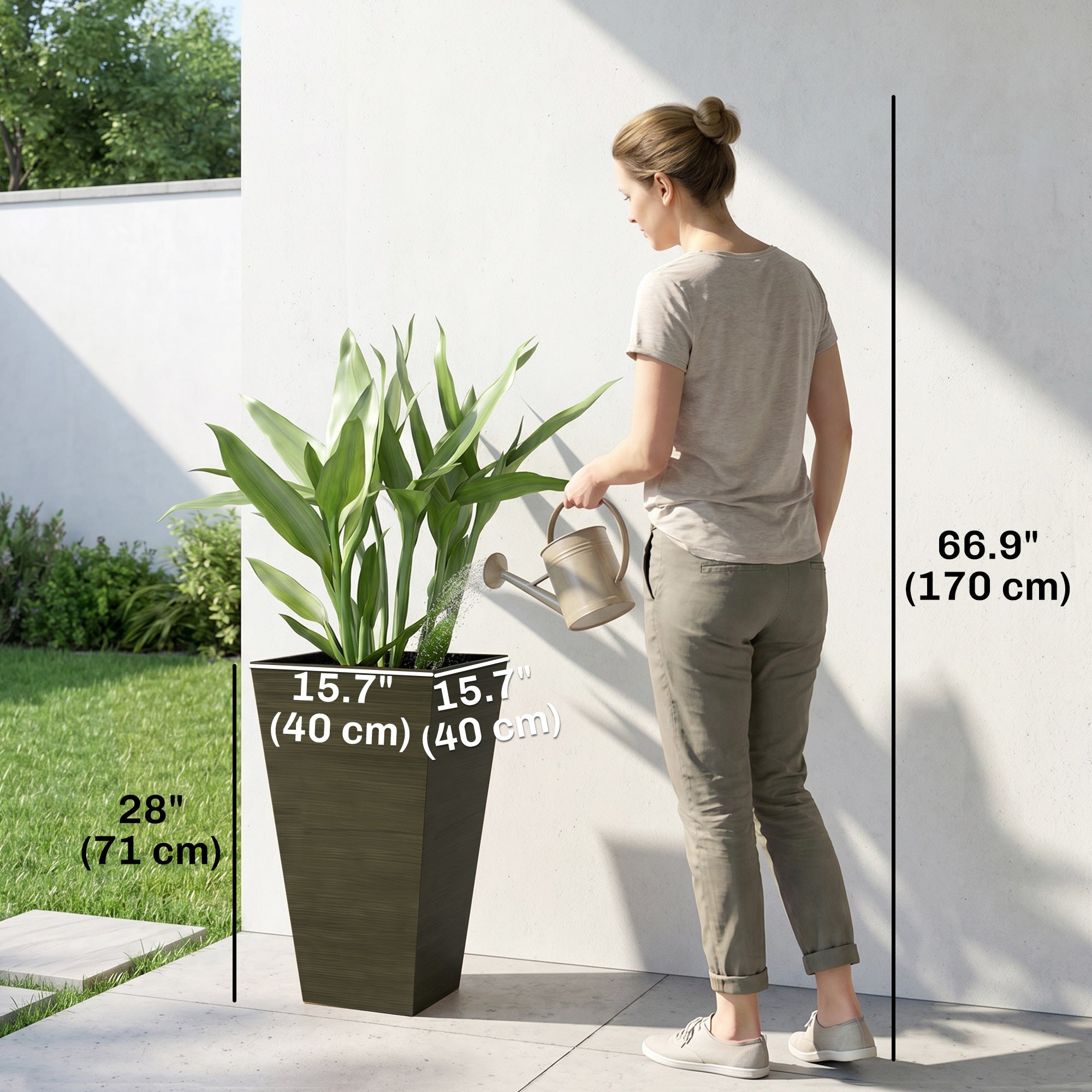 Tall Planter for Outdoor Plants Set of 3, 28 Inch Taper Planter with Drainage Holes, Bronze