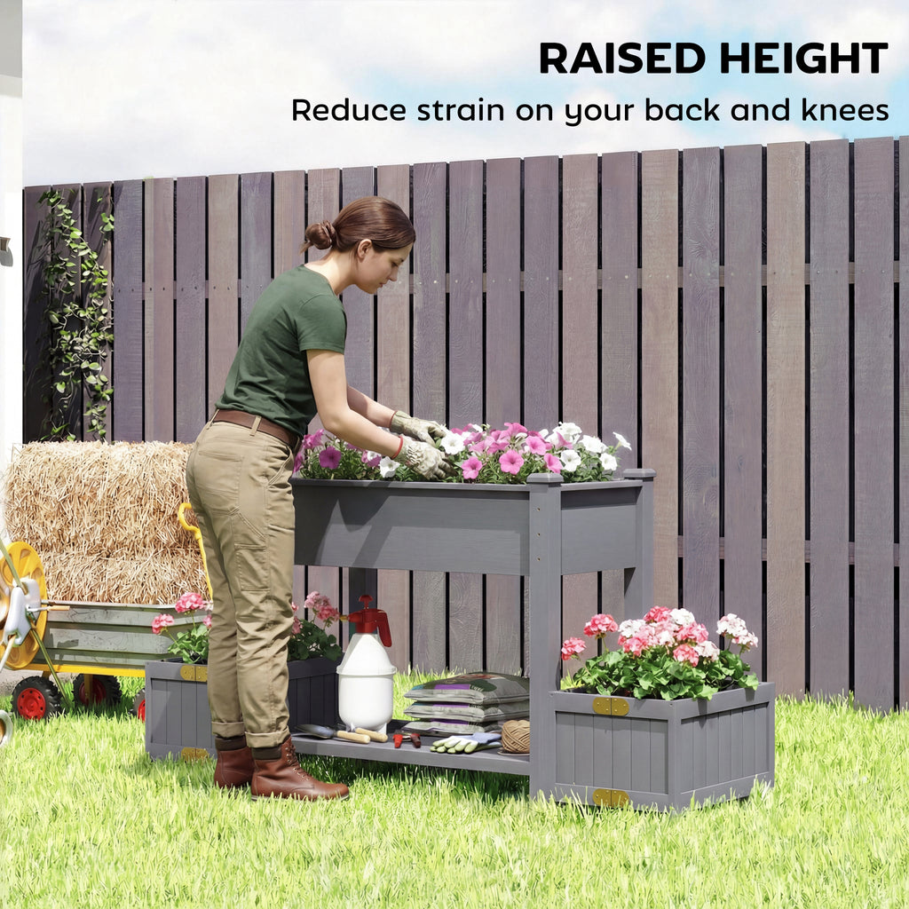 Wooden Raised Garden Bed with 2 Foldable Side Pots, Raised Planter with Storage Shelf and Drainage Holes