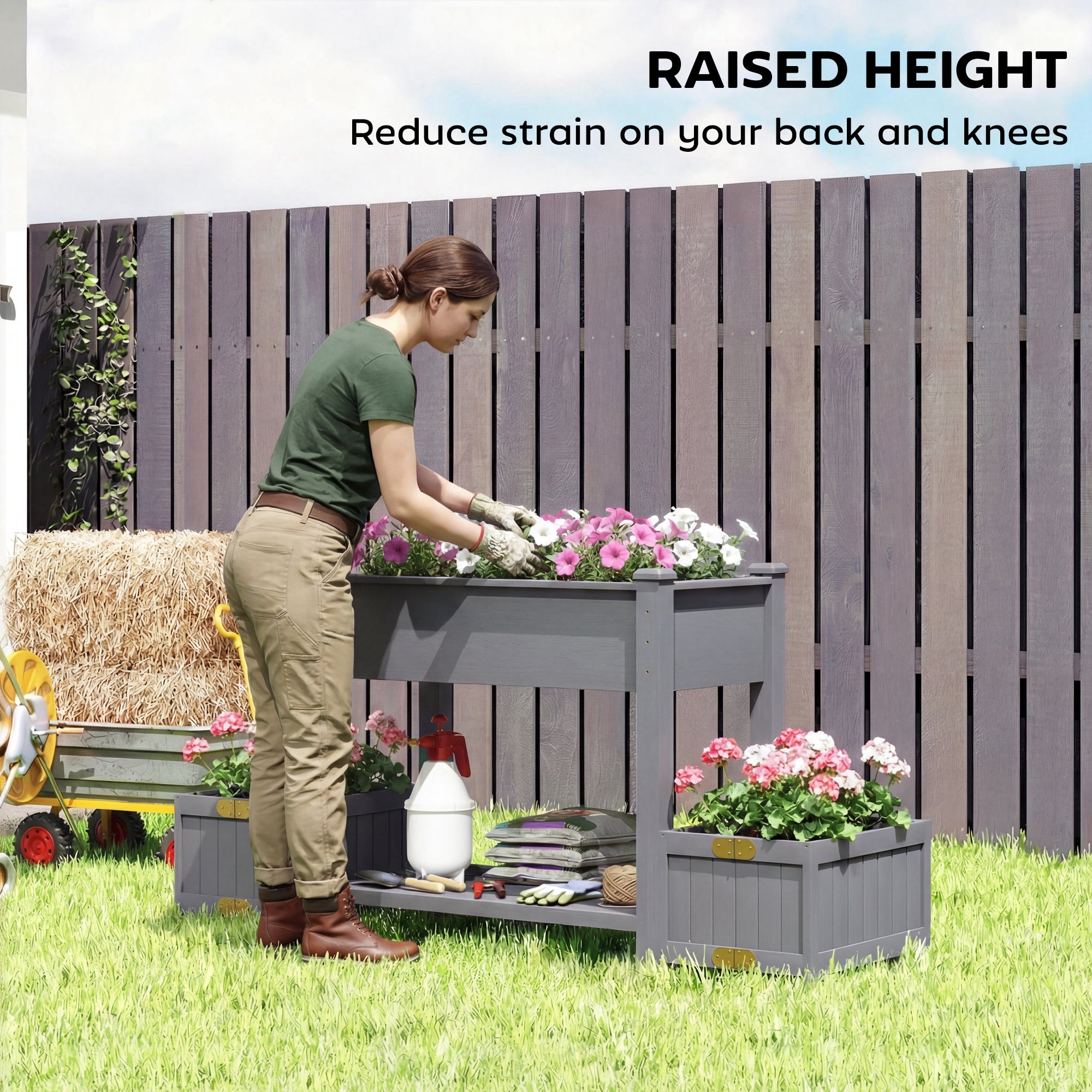 Wooden Raised Garden Bed with 2 Foldable Side Pots, Raised Planter with Storage Shelf and Drainage Holes